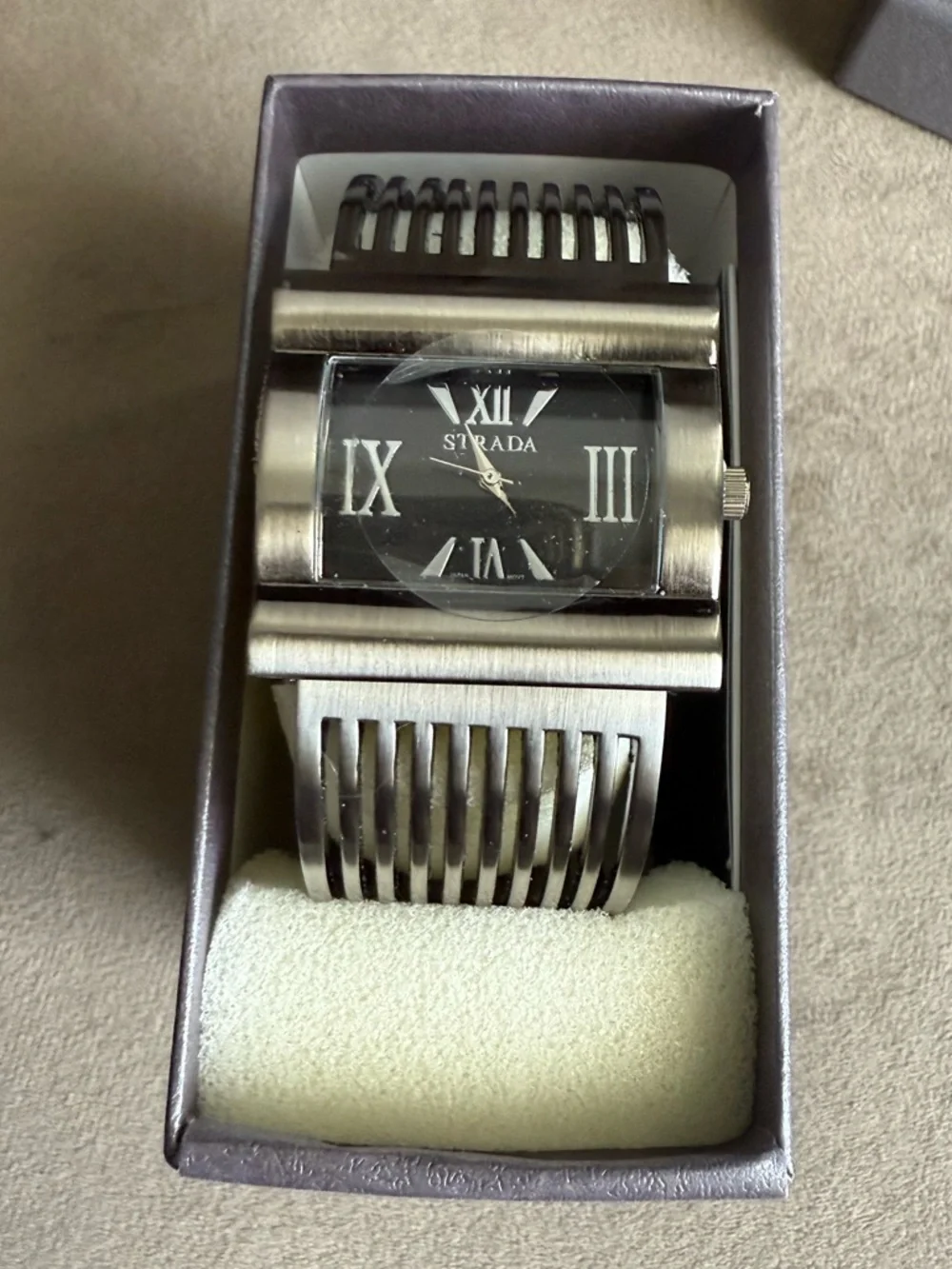 Strada Silver and Black Rectangular Cuff Watch